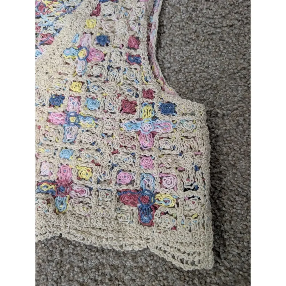 SHEIN Crochet Vest Small Boho Floral Cream Multi Color Button Up Crop Shrug Knit